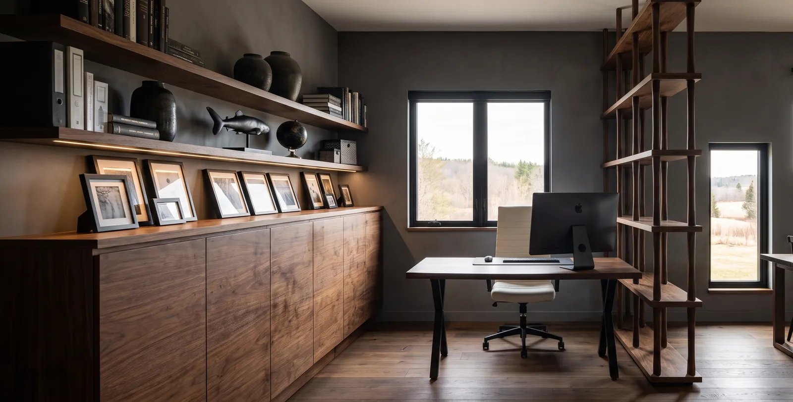 Home office with walnut built-in shelving and cabinetry